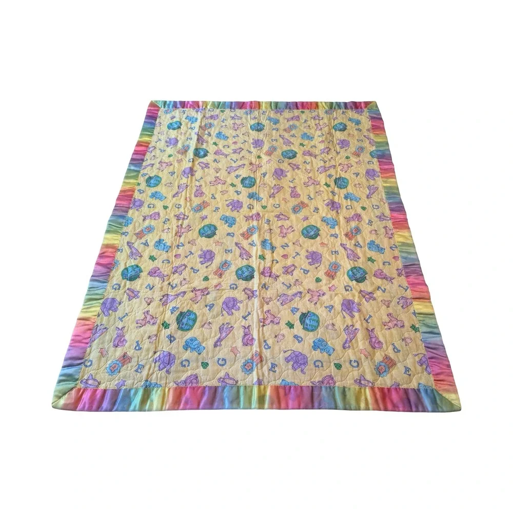 Vintage Alphabet Animal Baby‎ Quilt Yellow Rainbow Satin Edge Blanket